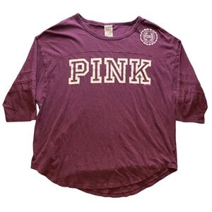 PINK Victoria's Secret Shirt Womens Large 3/4 Sleeve Spell Out Logo Maroon‎